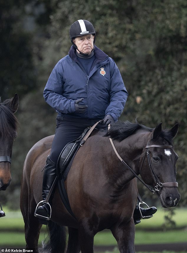Prince Andrew, Duke of York, seen riding a horse for the first time since the announcement.