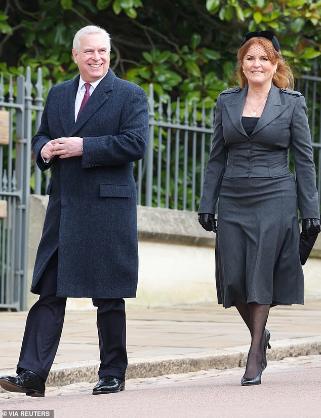 Pictured: Prince Andrew appeared in high spirits as he arrived at King Constantine's memorial service in Windsor today.