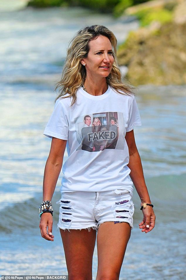 Lady Victoria Hervey (pictured) is so sure the famous photograph has been doctored (including convicted child sex trafficker Ghislaine Maxwell looking on) that she had it printed on a T-shirt with the caption 