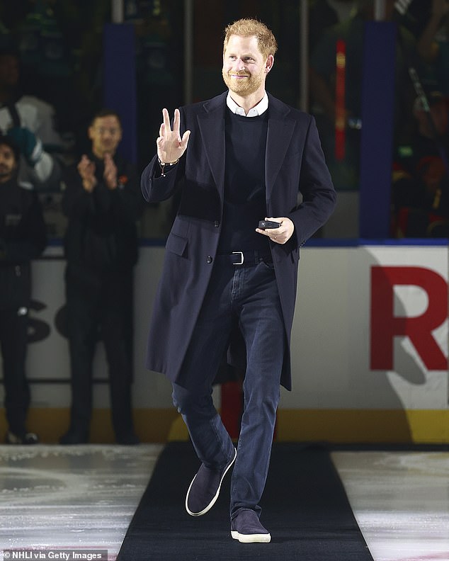 Prince Harry, Duke of Sussex, walks on the ice before the Vancouver Canucks face the San Jose Sharks in an NHL game at Rogers Arena on Nov. 20, 2023.