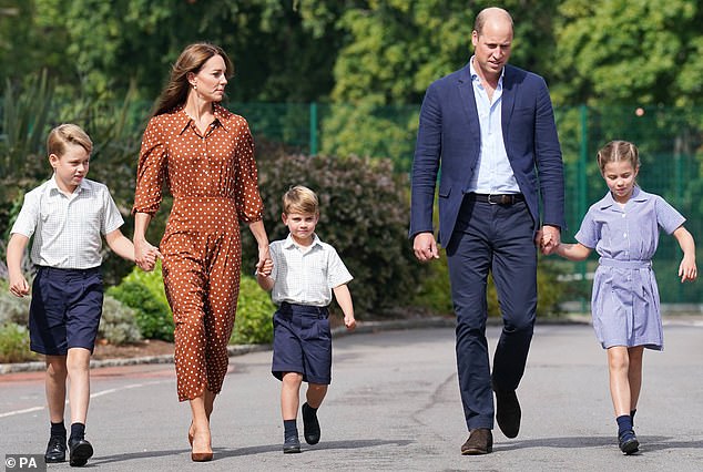 TRADITION: Prince William should break with royal family tradition by sending Prince George to a public school, a Labor MP has said.  Pictured: Prince George (left) with his siblings Princess Charlotte (right) and Prince Louis (centre), accompanied by their parents the Duke and Duchess of Cambridge, as they arrive to settle in for the afternoon Lambrook School, near Ascot, Berkshire, in September last year.