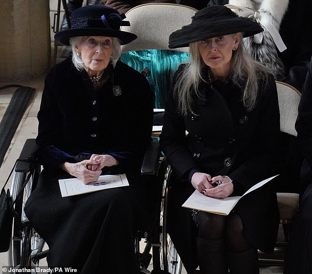 The late Queen Elizabeth's cousin Princess Alexandra (left) made a somber appearance as she joined the Royal Family for the thanksgiving service at Windsor Castle for the late King Constantine of Greece on Tuesday.