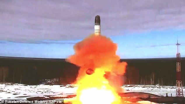 This screenshot taken from a video distributed by the Russian Ministry of Defense on April 20, 2022 shows the launch of the Sarmat intercontinental ballistic missile at the Plesetsk test range, Russia.