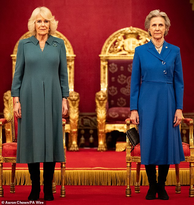 Queen Camilla (pictured left), 76, and the Duchess of Gloucester (right), 77, hosted the presentation ceremony for the Queen's Anniversary Awards for Higher and Further Education, the day after the King, 75, was photographed meeting the Prime Minister.  -deal