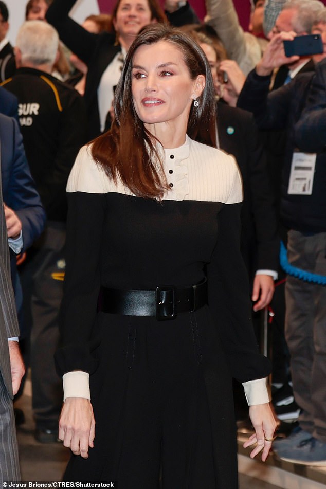 Queen Letizia showed off her style credentials on Wednesday when she donned a monochrome jumpsuit by Spanish designer Teresa Helbig to attend an international tourism fair in Madrid.