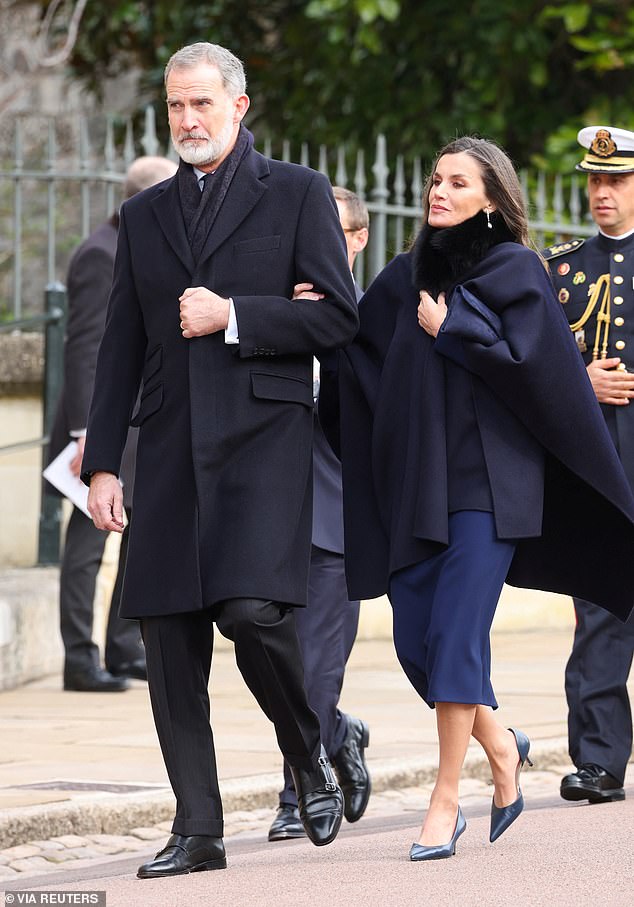 Queen Letizia of Spain put on an elegant display as she joined her husband, King Felipe VI, at the memorial service for the late King Constantine of Greece at Windsor Castle on Tuesday.