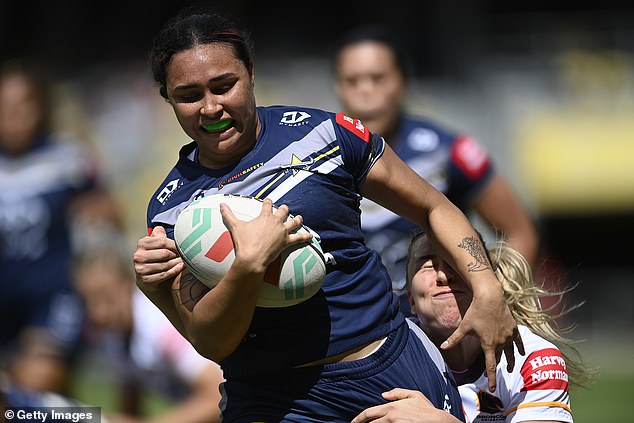North Queensland's NRLW team is also called the Cowboys, leaving one football pundit scratching his head over the unmistakably masculine nickname (pictured Shellie Long plays for the club in August last year).