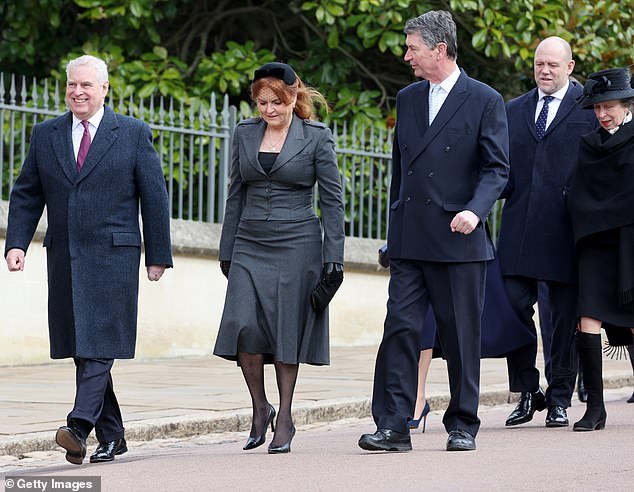 Leading the way: It was surprising that Prince Andrew walked ahead of other royal mourners at the memorial service for the late King Constantine on Tuesday.