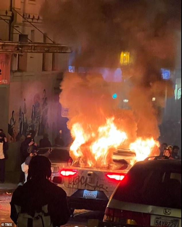 Locals set fire to this Waymo-owned Jaguar on February 10 during Lunar New Year celebrations in San Francisco.
