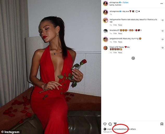 Romeo Beckham has been liking a slew of sizzling snaps of saucy Australian model Liv Grivas after confirming his split from long-term girlfriend Mia Regan.