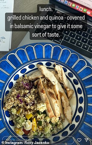 Their lunch consists of roast chicken, quinoa, and vegetables topped with balsamic vinegar.