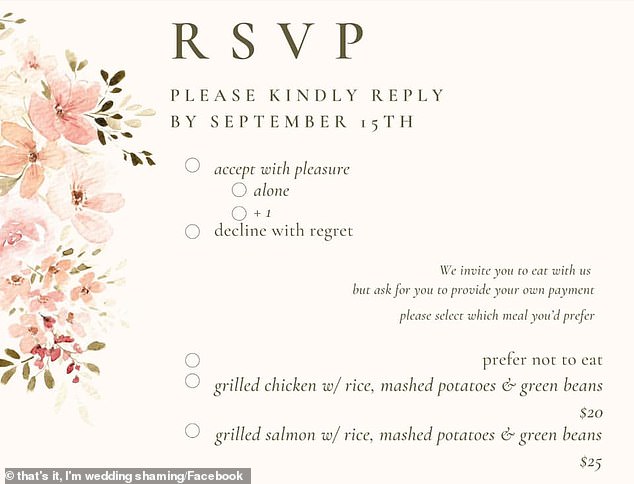 The RSVP invitation example said: 'We invite you to dine with us, but we ask that you make your own payment.  Please select which food you prefer'