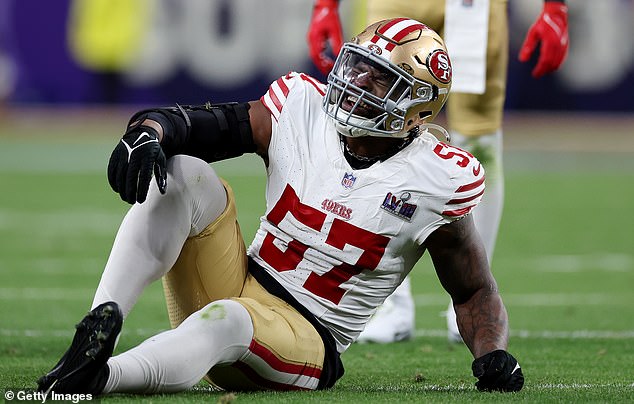 San Francisco 49ers star Dre Greenlaw suffers heartbreaking injury during Super Bowl first half as he ‘tears his left Achilles’ while running onto the field… and is then carted back to the locker room