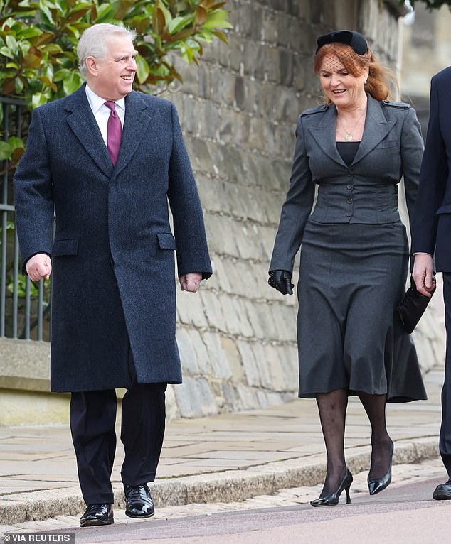 Sarah Ferguson put on a somber display as she joined Prince Andrew at the memorial service for the late King Constantine of Greece at Windsor Castle.