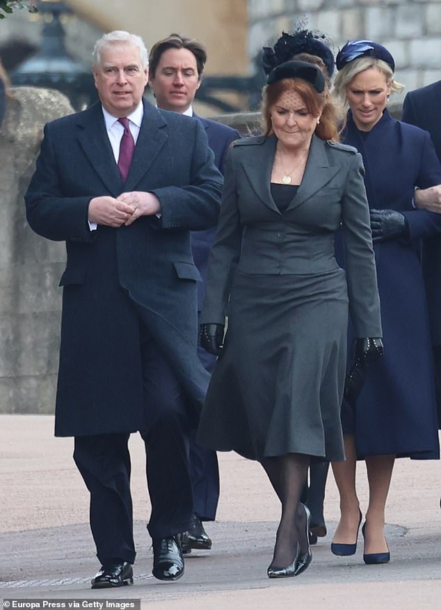 Prince Andrew and Sarah Ferguson arrive at the memorial service for the late King Constantine of Greece at Windsor Castle.