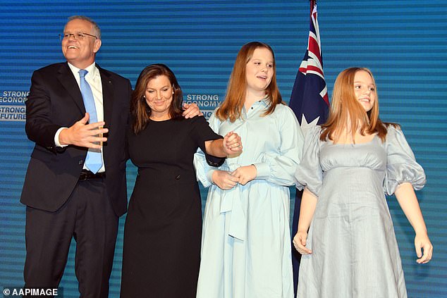 Scott Morrison, his wife Jenny and daughters Abbey and Lily at the Liberal Party campaign launch in Brisbane on Sunday 15 May.  The photo has sparked vile trolling against the Prime Minister's children.
