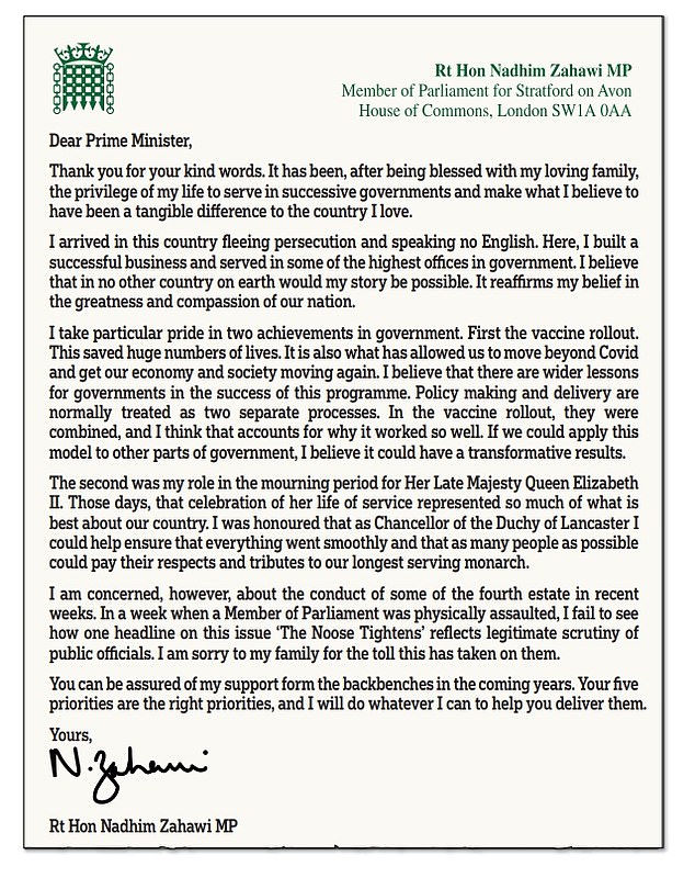 In an unrepentant letter to Rishi Sunak, who sacked him yesterday morning, former Tory president Nadhim Zahawi made no reference to the tax row that led to his sacking and offered no apology for his behaviour.