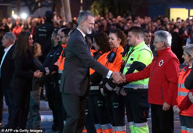 King Felipe VI of Spain shakes hands with an emergency worker during a visit to the residential tower