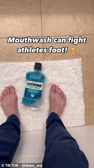 In one video, Dr. Whittington shows a close-up of his feet and a bottle of Listerine mouthwash.