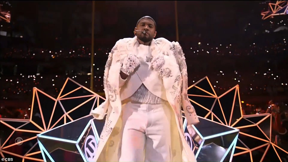 Super Bowl 2024 halftime show: Usher almost FALLS OVER in roller skates while zooming around stage and strips off his shirt during star-studded performance with Alicia Keys and H.E.R.