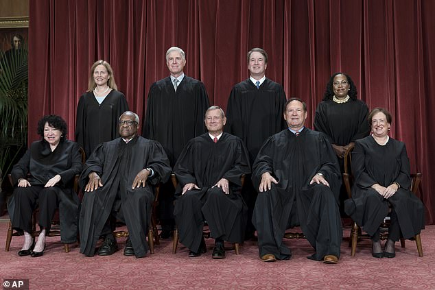 Supreme Court justices (pictured) will hear arguments from both sides on whether Trump is ineligible to be president again and whether he can be left off the ballot.