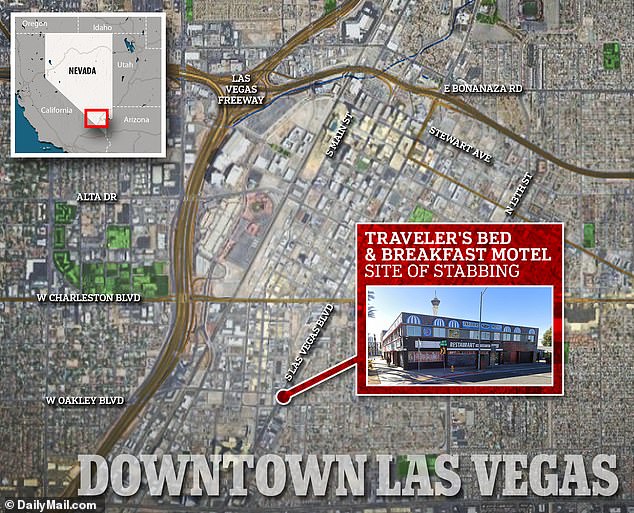 The stabbing occurred inside the lobby motel Sunday night in the 1500 block of South Las Vegas Boulevard, between the Strip and downtown Las Vegas.