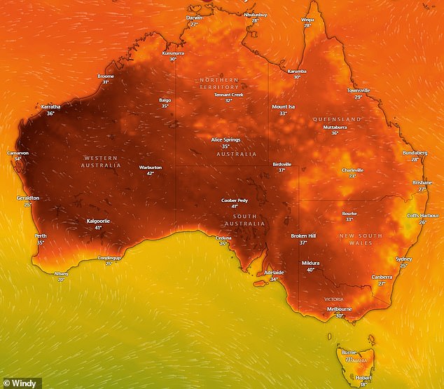 A widespread heatwave in Australia (temperature map pictured) will continue to cause sweltering temperatures this week