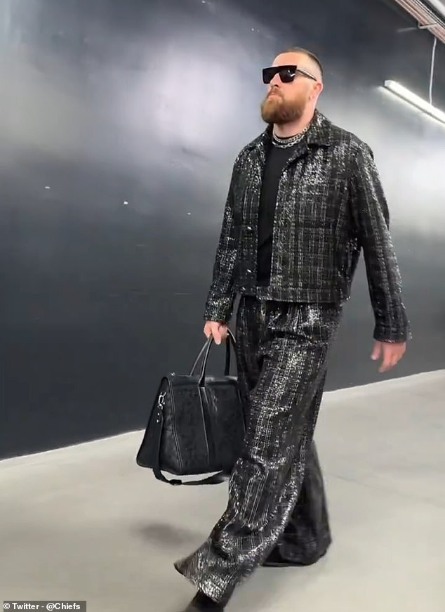 Travis Kelce has officially arrived at Super Bowl LVIII dressed in an all-black suit