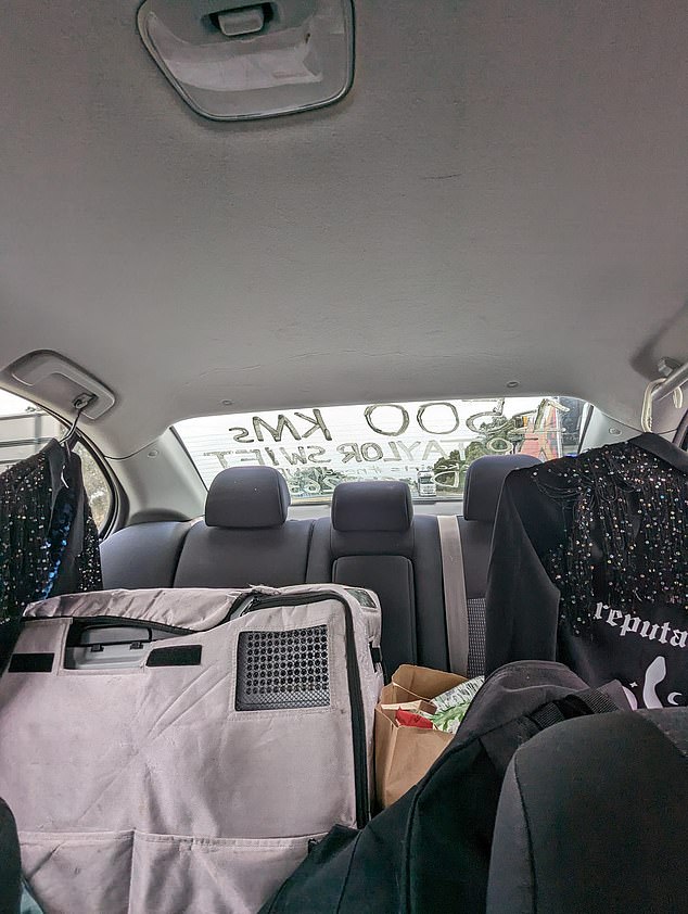 Fans shared photos of their luggage and bejeweled costumes in the back seat of the car.