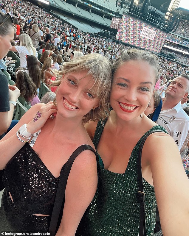 Emily Hunt (left) and Bonny Rebecca (right), who run the popular Taylor Swift-focused YouTube channel Chats and React, were invited by Swift to attend her third show in Melbourne on Sunday from the VIP tent.