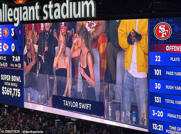 Taylor Swift spotted having a drink on the jumbotron at Super Bowl LVIII