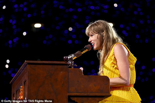 Taylor Swift premiered a song from her Grammy-winning album Midnights on Friday night (pictured) at her show in Melbourne, Australia.