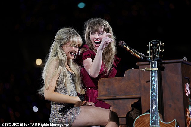 Taylor Swift (pictured) let her good friend and supporting actress Sabrina Carpenter (left) have a moment in the spotlight at her Sydney show on Friday night.