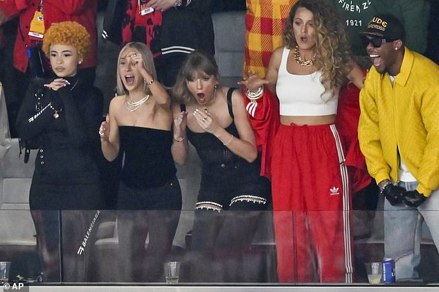 Taylor Swift has become known for her sideways style and she didn't disappoint at the Super Bowl on Sunday night in Las Vegas, which she attended alongside friends Blake Lively and Ice Spice.