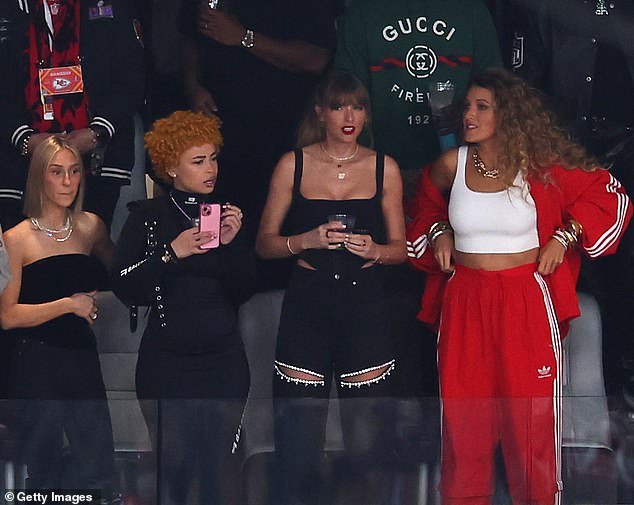 Taylor Swift was accompanied by her friends Blake Lively and Ice Spice, as well as her old friend Ashley Avignone, when she arrived at Allegiant Stadium in Las Vegas on Sunday to watch Super Bowl LVIII.