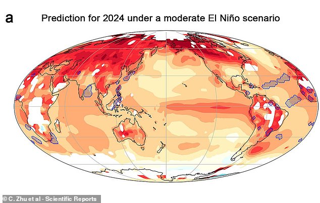 Terrifying maps have revealed the areas most likely to suffer record heat this year thanks to El Niño.  On this map, the darker red regions show greater variation above the average temperature.