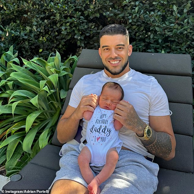 Controversial The Block star Adrian Portelli (pictured) celebrated his 35th birthday on Friday by sharing a new image of his newborn son with his 300,000 Instagram followers.