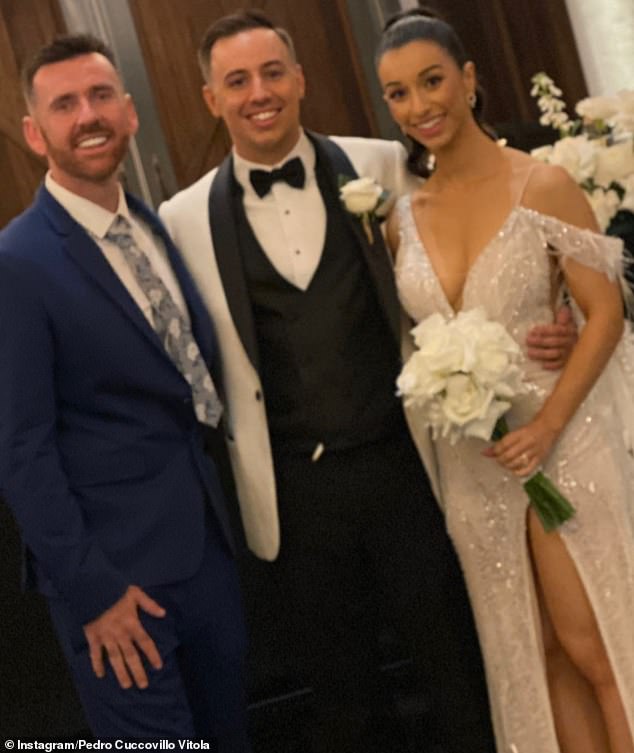 KIIS FM national talent manager Peter Depeller (left) and senior producer Pedro Vitola (centre) were behind Albanese's outburst on Saturday night (pictured at Vitola's wedding to partner Patty).