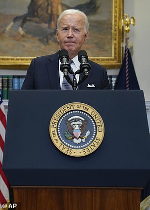 President Joe Biden pauses while speaking in the Roosevelt Room of the White House.