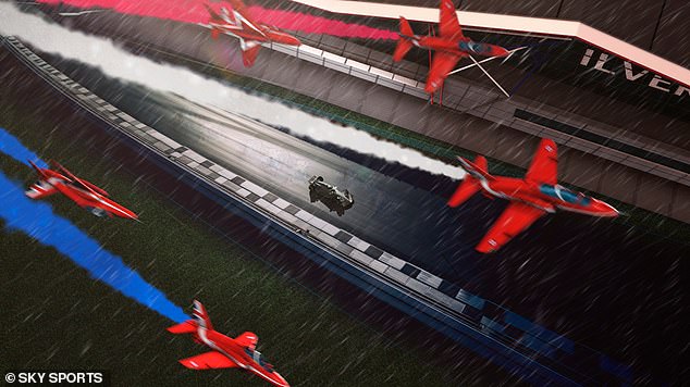 The AI ​​shows the great British circuit in the rain and red arrows flying overhead, along Maggots, Becketts and Chapel Curve, described as Silverstone's fastest and most iconic corner sequence.