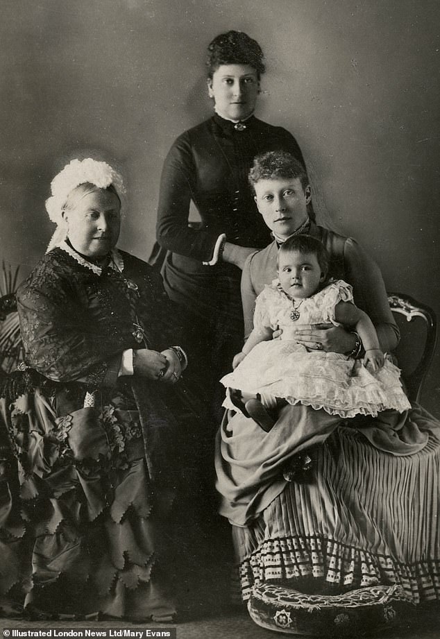 Queen Victoria with her daughter, Princess Beatrice, along with the queen's granddaughter, Victoria of Hesse-Darmstadt, and her eldest son, Prince Alice of Battenberg, in 1886.