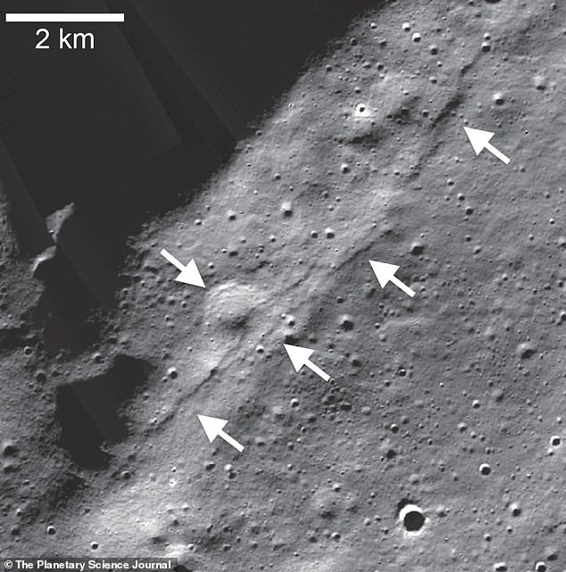 Scientists say moonquakes have happened before and could happen again. Here, the arrows point to 'scarps' (long structures interpreted as tectonic in nature and the result of a thrust fault) at the moon's south pole.