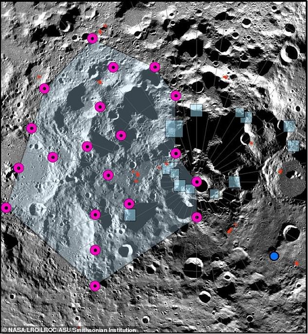 The circumference of Earth's moon shrank more than 150 feet as its core gradually cooled over the past several hundred million years.  The photo shows the southern region of the moon with blue boxes indicating the proposed locations for the upcoming Artemis III landing.  Magenta dots indicate possible epicenters of a very strong lunar earthquake in the early 1970s