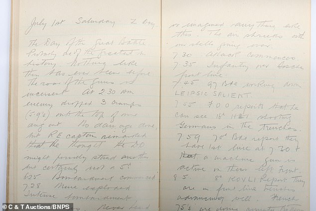 A First World War lieutenant's poignant diary written on the first day of the Somme, a battle that left around 300,000 soldiers dead, has been unearthed 108 years later.