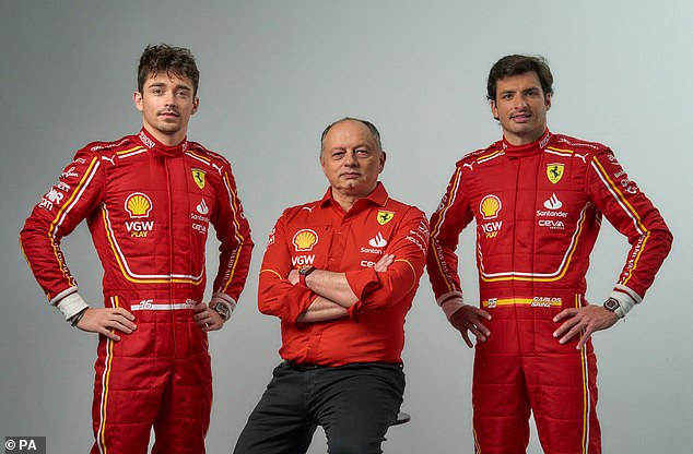 Ferrari's Charles Leclerc (left), team principal Frederic Vasseur (centre) and Carlos Zainz Jr (right) were photographed ahead of the unveiling of the team's new car for the upcoming F1 season.