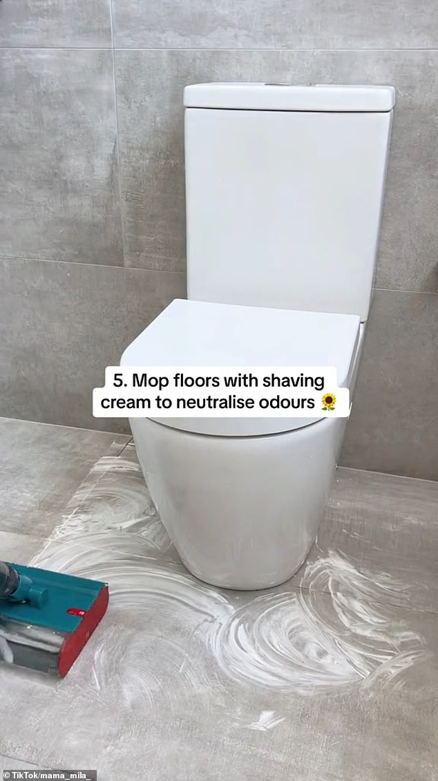 Chantel neutralizes bathroom odors by scrubbing the floor with shaving cream