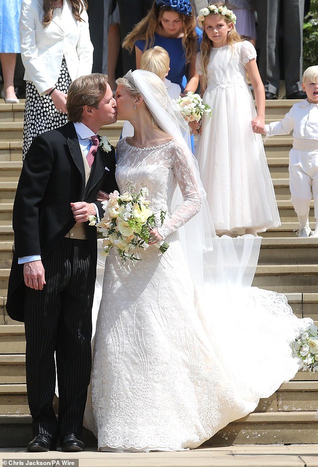 Thomas Kingston and Lady Gabriella Windsor kiss after their wedding ceremony at St George's Chapel at Windsor Castle on May 18, 2019.