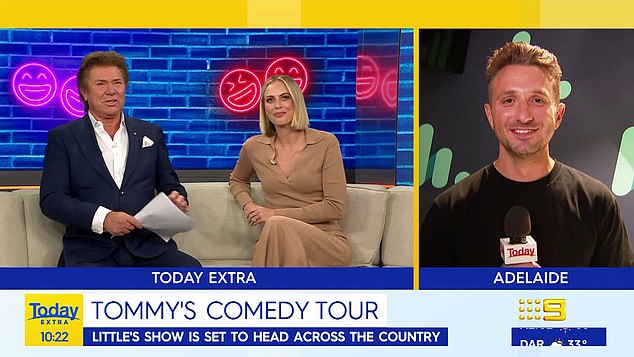 Tommy Little (right) was left speechless by Today Extra host Sylvia Jeffreys (center) on Wednesday morning after she asked him a seemingly saucy question about her comedy show.