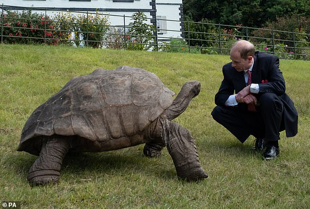 The Duke of Edinburgh met the world's oldest living land animal - Jonathan, the 191-year-old giant tortoise - on St Helena.