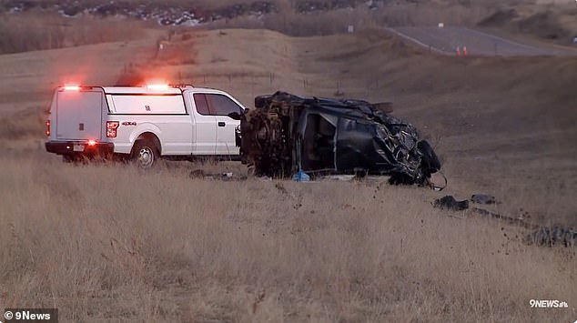 The car was heading south on U.S. Highway 287, 10 miles from the Wyoming-Colorado border, about 2:44 p.m. when the driver left the road and the vehicle rolled several times, police said. university.  In the image: the seriously damaged vehicle in a field.
